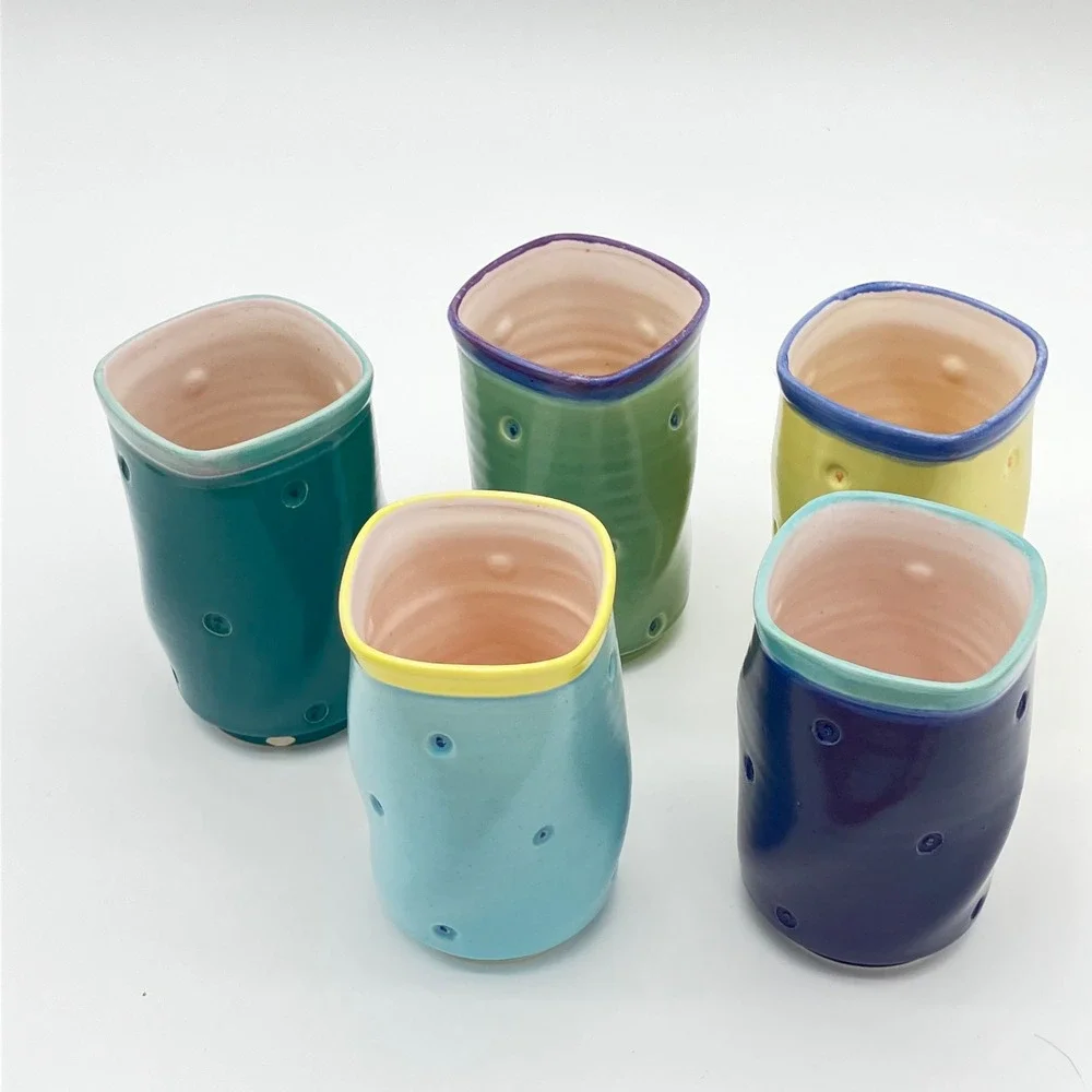 Studio Pottery Dimple Tumblers Set of 5 Handcrafted Colorful Ceramic Cups BM